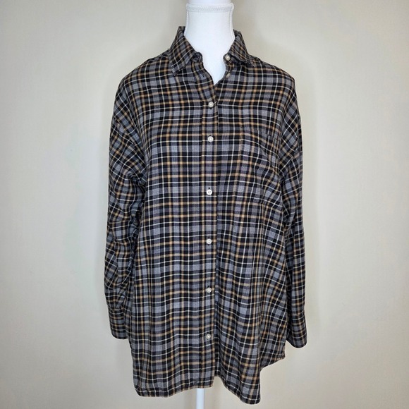Everlane Tops - Everlane Womens Black Tan Lightweight Plaid Cotton Button Down Shirt Size 10